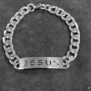 JESUS Engraved ID Chain Bracelet - Silver Tone